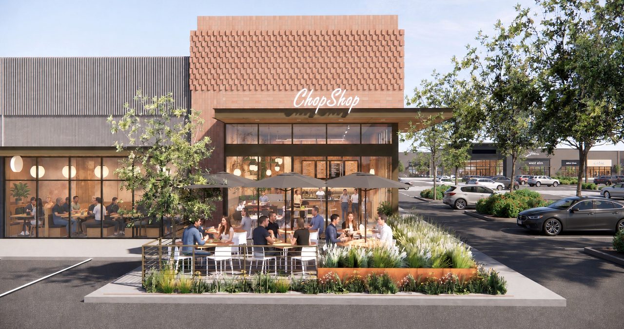 Rendering of the ChopShop storefront and patio at The Centre at Parkwest, with West Elm and the wider center visible beyond