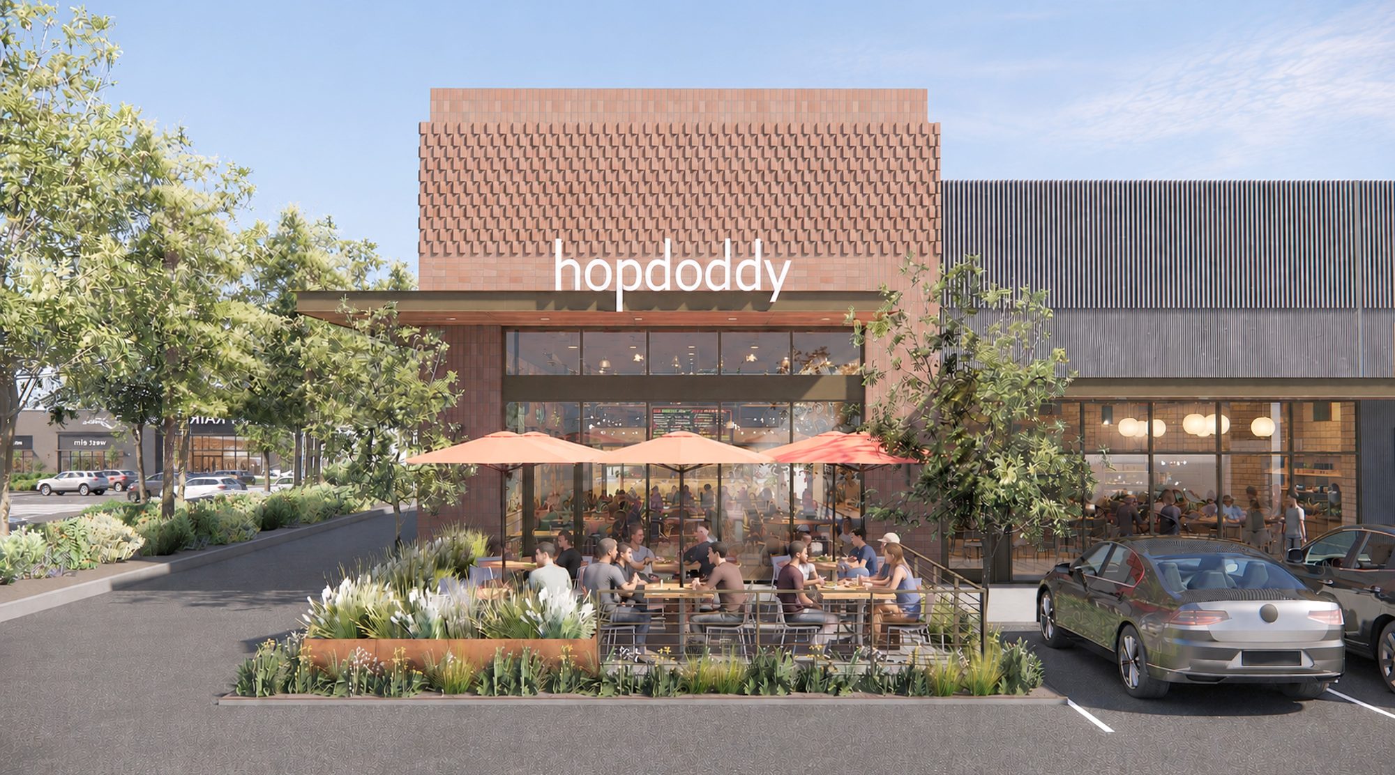 Rendering of the Hopdoddy storefront with umbrella-shaded patio dining at The Centre at Parkwest