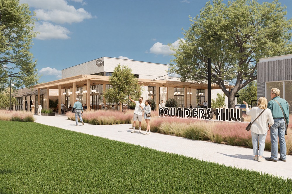 Rendering of the Founder's Hill monument sign, pergola and ornamental grasses in Fulshear