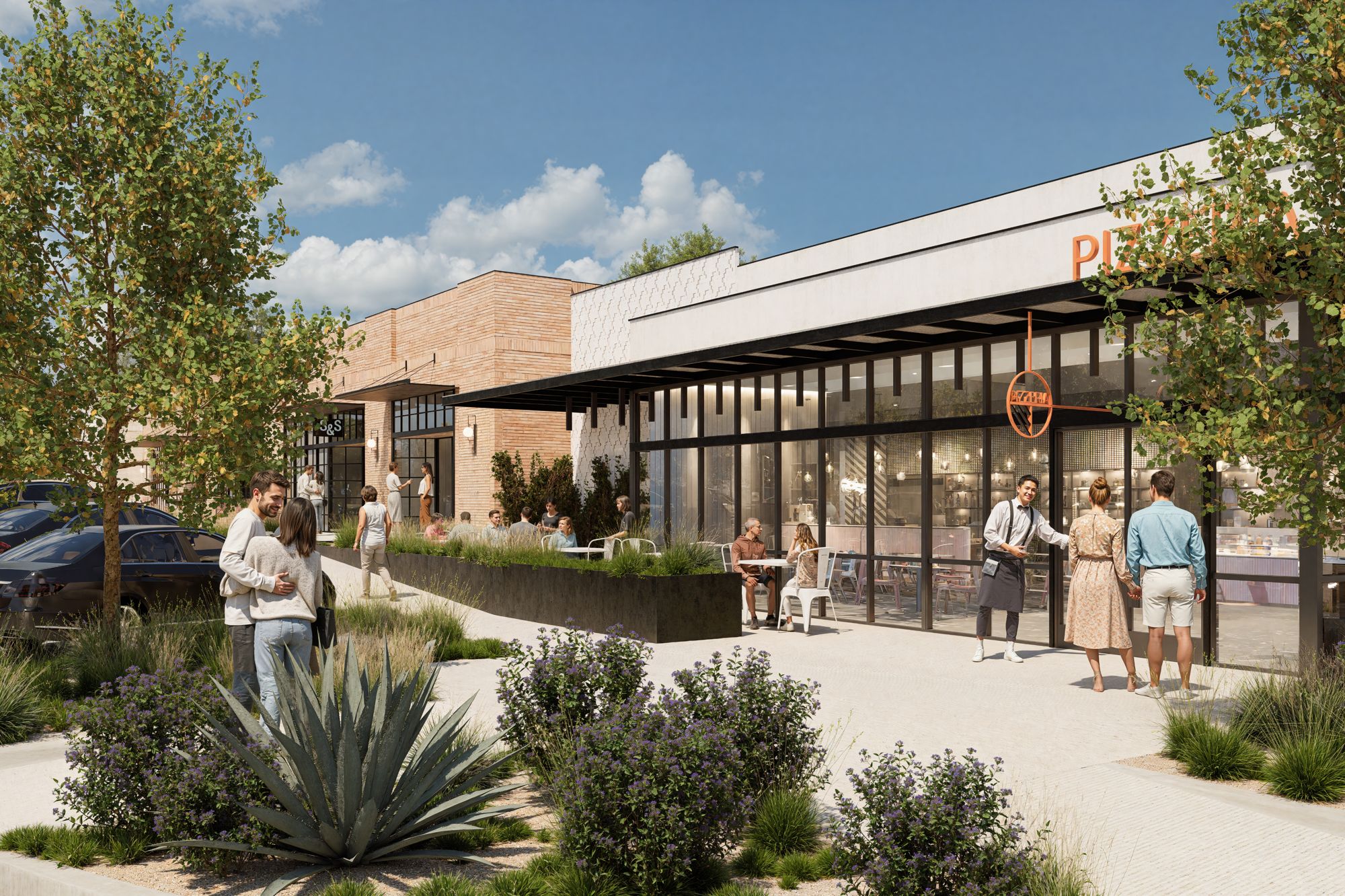 Rendering of brick storefronts and restaurant patios at Founder's Hill in Fulshear