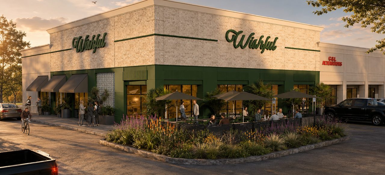 Concept rendering of the renovated restaurant endcap at The Shoppes at Fry at dusk — umbrella-shaded patio dining behind a planted stone border, cream brick above a deep-green storefront band, dressed with a placeholder tenant identity