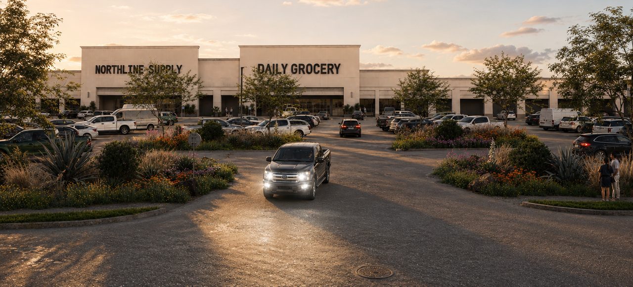 Concept rendering of the remodeled junior-anchor storefronts at The Shoppes at Fry at dusk, seen across the landscaped parking field with placeholder tenant identities on the fascia