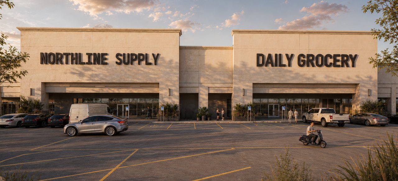 Frontal concept elevation of the two junior-anchor storefronts at The Shoppes at Fry in late-day light, renovated stucco facades with placeholder tenant signage over new storefront glass