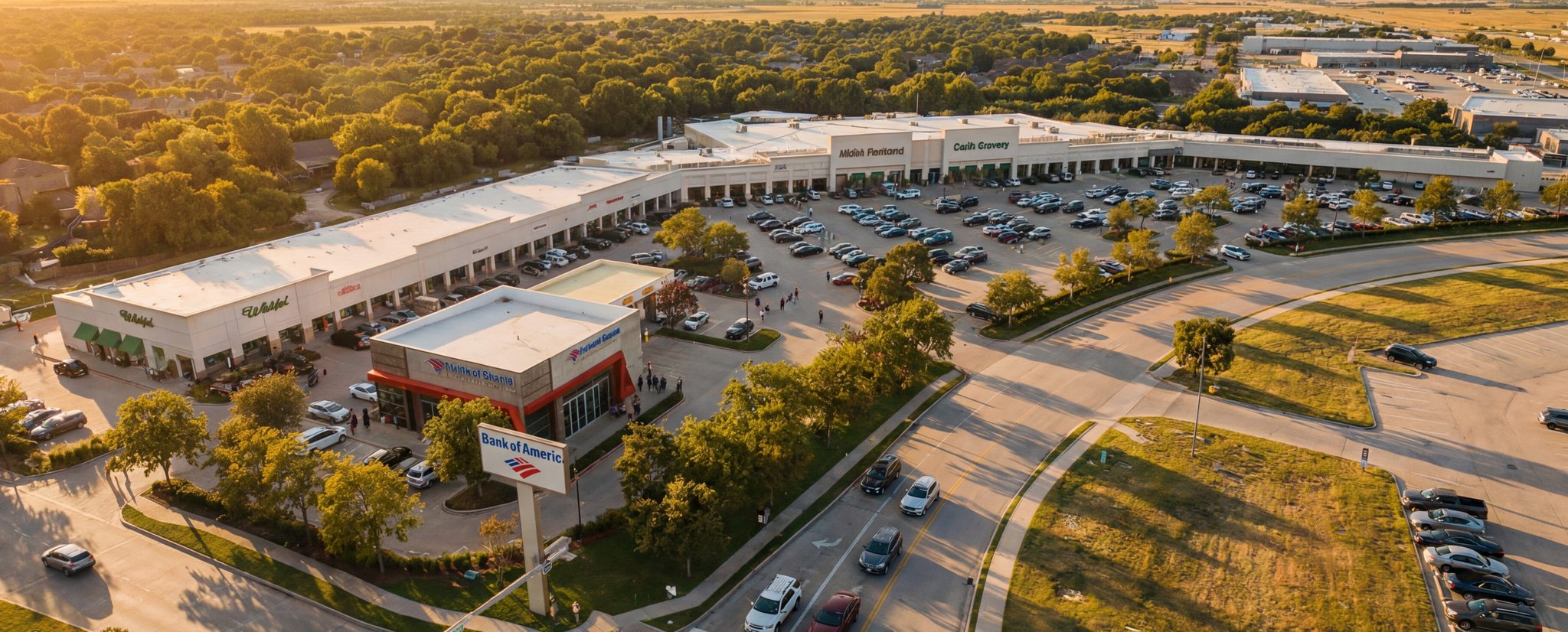 Golden-hour aerial of The Shoppes at Fry along the Interstate 10 frontage, with the Bank of America pad and pylon sign in the foreground