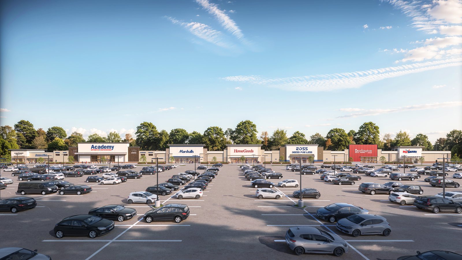 Rendering of the anchor storefront row at The Shops at La Marque — Academy, Marshalls, HomeGoods, Ross, Burlington and PetSmart across the parking field