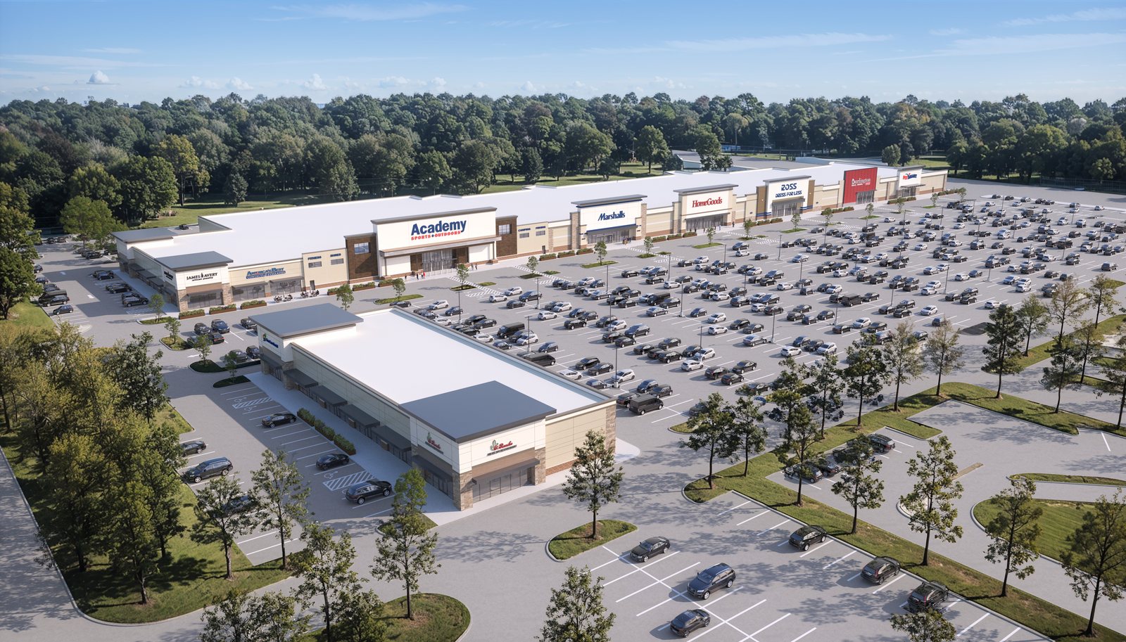 Aerial rendering of The Shops at La Marque showing the full power center — the anchor row, the Retail A shops wing and the pad buildings along FM 1764