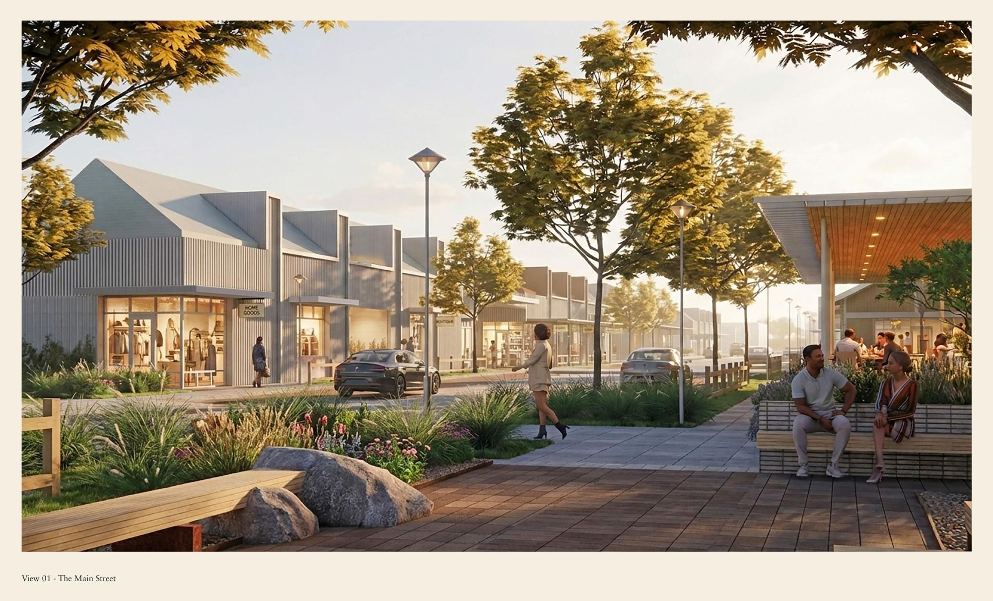 Rendering of the main street at The Prairie at ParkWest with shaded storefronts and landscaped walkways